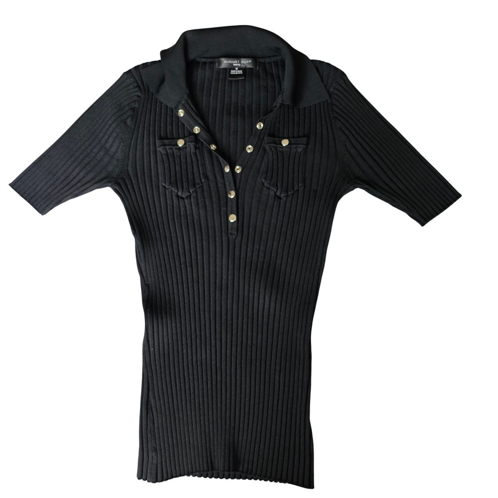 VINTAGE August Silk Y2K Ribbed Cyber-Indie Polo Top - Medium